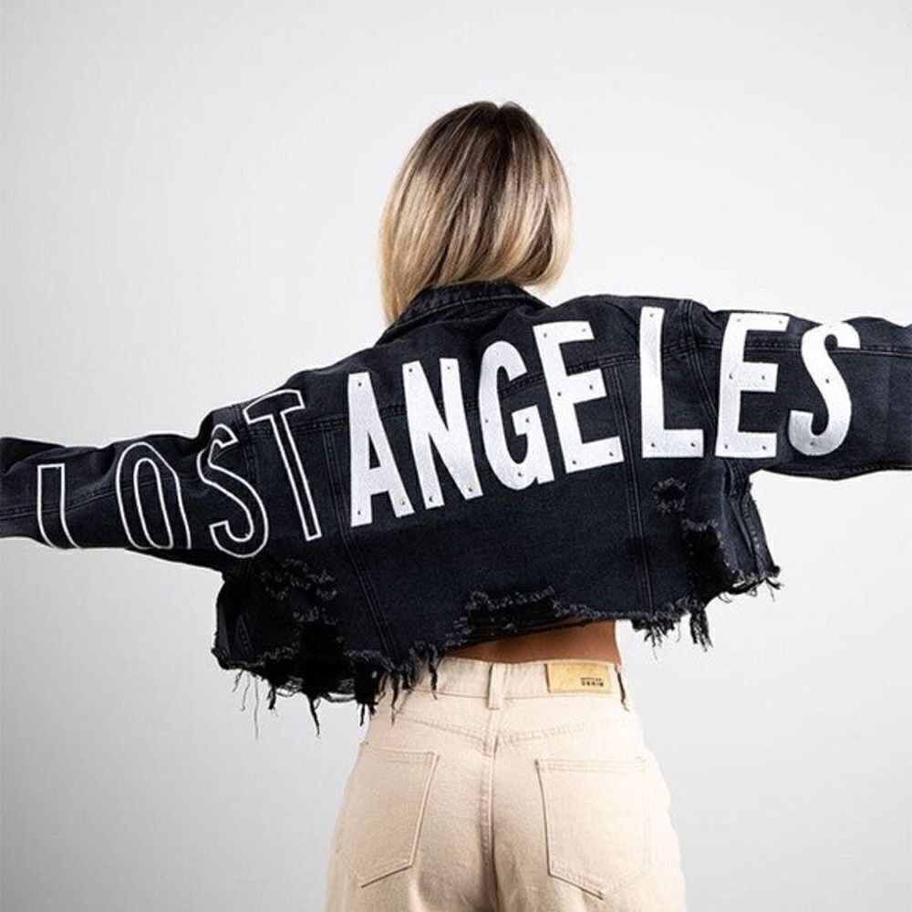 Trio Urban Lost Angeles Jean Black Jacket Cropped Cut Out Size XS